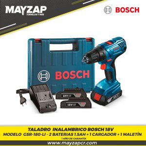 Taladro Inalámbrico BOSCH GSR-180-LI + 2 BATERIAS + 1 CARGADOR + 1 MALETÍN + 1 AÑO DE GARANTIA