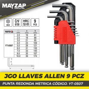 JUEGO DE LLAVES ALLEN METRICAS DE 9 PCZ YT-0507