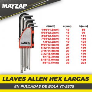 JUEGO DE LLAVES ALLEN LARGAS PULGADAS YT-5875