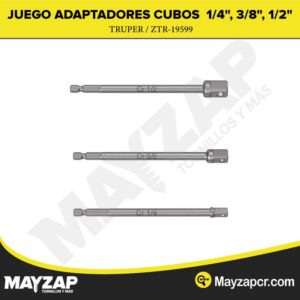 JUEGO DE 3 ADAPTADORES LARGOS PARA CUBOS DE 1/4", 3/8" y 1/2".