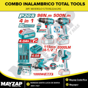 Combo Inalámbrico 20v de Taladro + Esmeriladora + Pistola de Impacto + lampara y accesorios TOTAL TOOLS MODELO UTOSLI241292