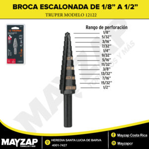 Broca Escalonada de 1/8" a 1/2" óxido negro 6 escalones Truper Modelo 12122