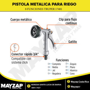 Pistola metálica para riego, 8 funciones, TRUPER 17481