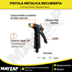 Pistola para riego de 2 funciones metálica con recubrimiento truper 18475