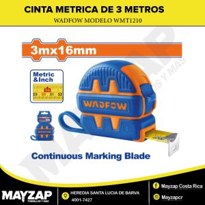 CINTA MÉTRICA 3 METROS X 16MM CON MEDIDA MÉTRICA Y PULGADAS — WADFOW WMT1210