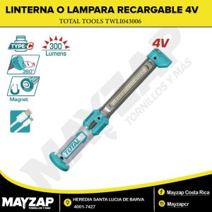 LINTERNA O LAMPARA RECARGABLE DE 4 VOLTIOS TIPO C TOTAL TOOLS MODELO TWLI043006