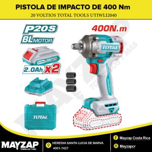 PISTOLA DE IMPACTO INALÁMBRICA 1/2” 20V 400 NM CON 2 BATERÍAS — TOTAL TOOLS UTIWLI2040