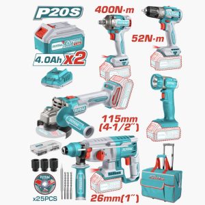 Combo 20V 5 Piezas Taladro + Rotomartillo + Esmeril + Pistola + Linterna — UTCKLI2058 / 5 PC / Total Tools